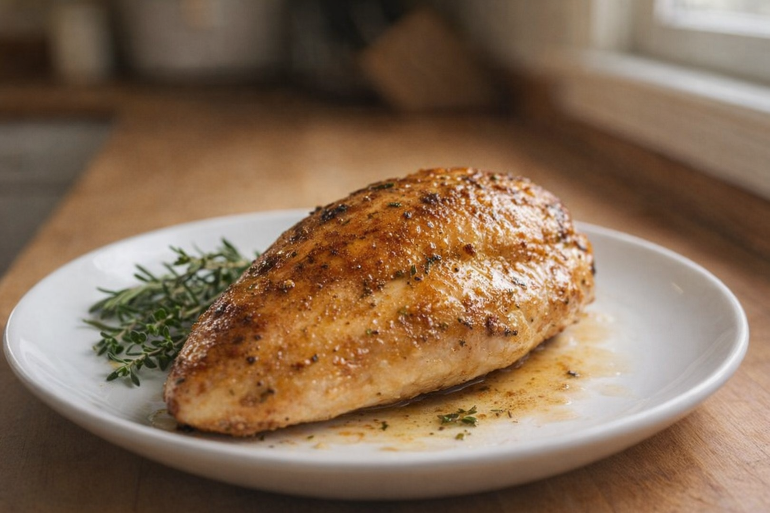 A perfectly baked chicken breast on a white plate, golden brown and glistening, with herb sprigs as garnish, soft natural lighting